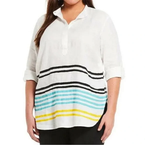 Lauren Ralph Lauren Striped Linen Tunic Top Size 2X White Band Collar Relax Fit - Picture 13 of 15